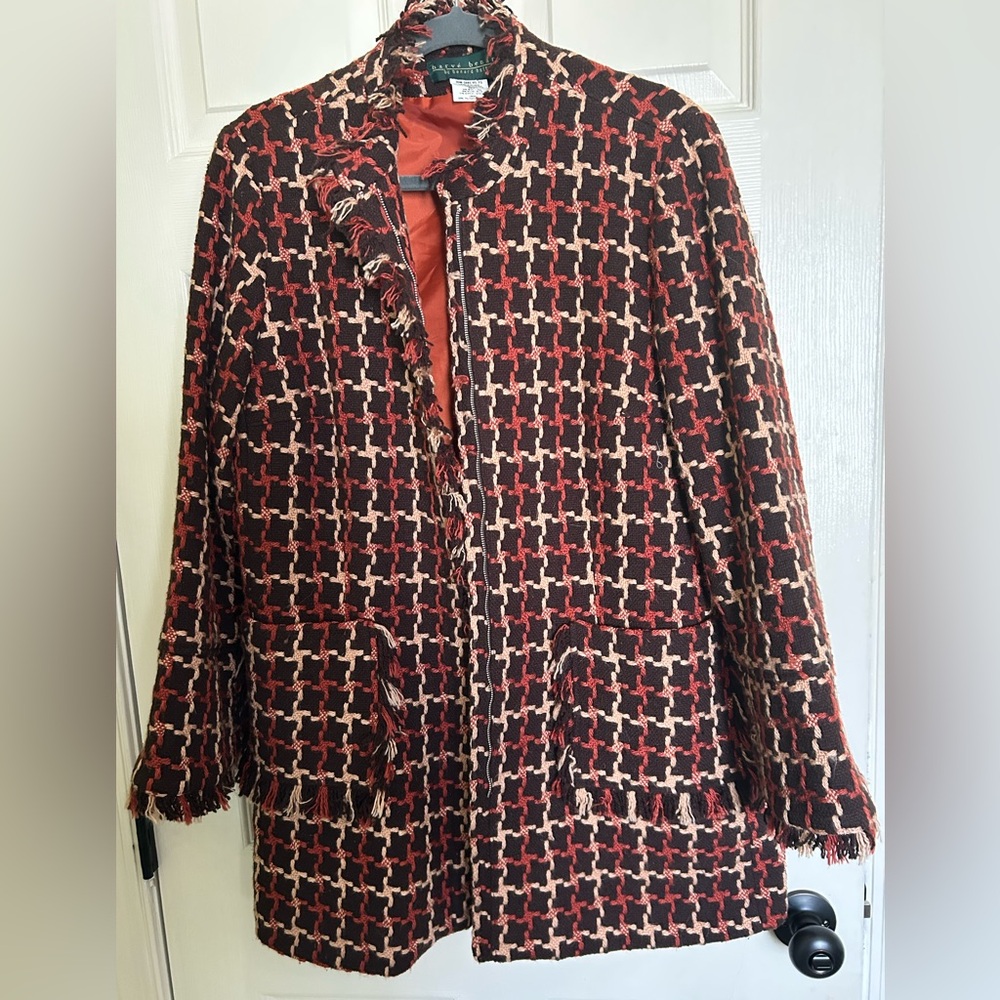 Harve Benard Black, Red & Cream Tweed Fringe Trench Coat